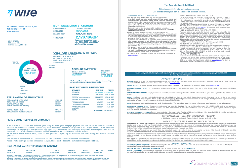 United Kingdom Wise bank mortgage loan statement in Word and PDF formats , 4 pages 1 2